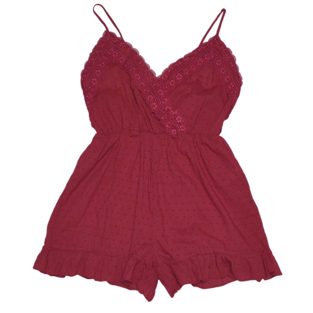 Pat Pat Swiss Dot Romper Size Large Maroon Burgundy Red Lace And Ruffle
